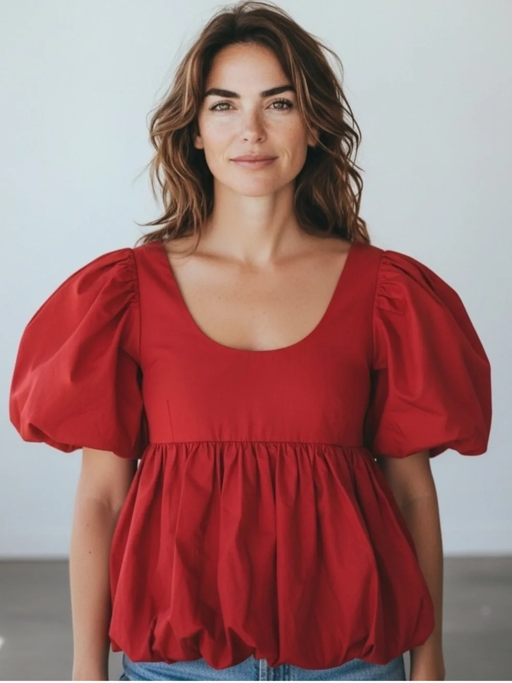 Hyacinth House red peplum bubble hem blouse puff sleeve top Tuckernuck babydoll